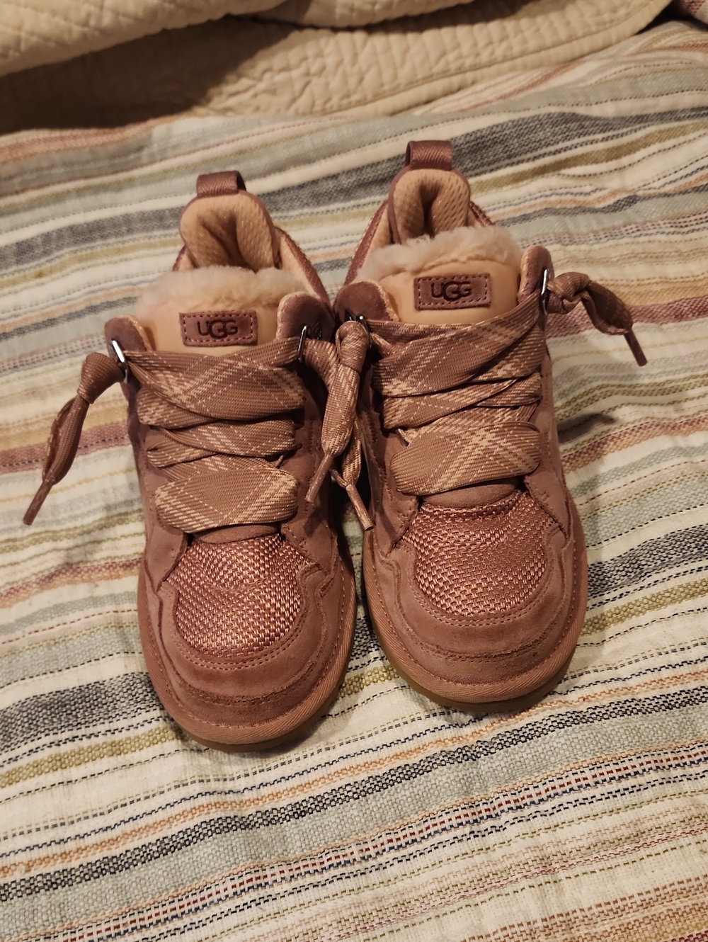 UGG Kids Tan/Pink Lace-Up Shearling-Trim Boots